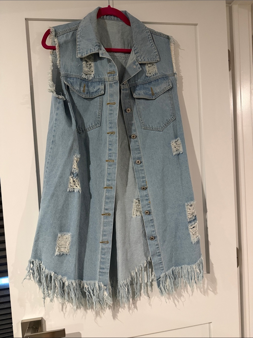 Light Blue Distressed Fringe Denim Vest Dress
